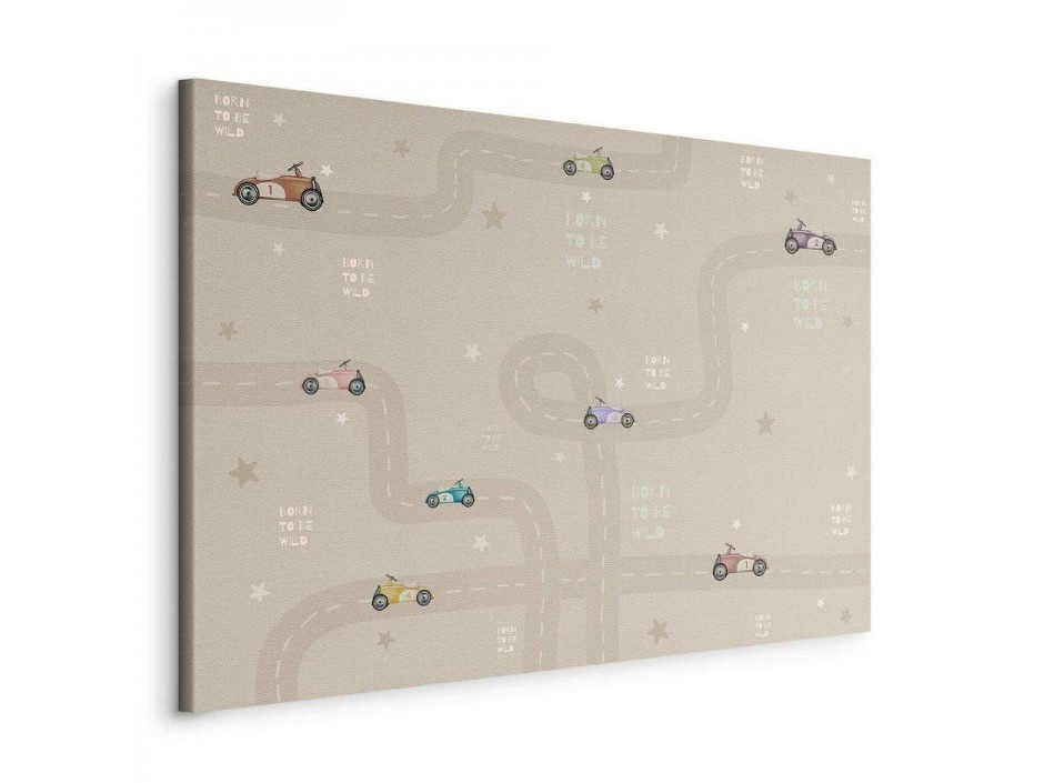 Tableau - Race - Colorful Cars on a Road on a Beige Background with Inscriptions