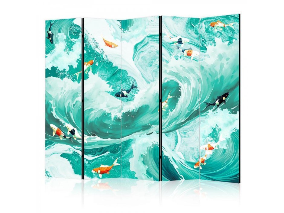 Paravent - Koi Fish Among Waves - Japanese Fish Amid Waves in Shades of Turquoise And White