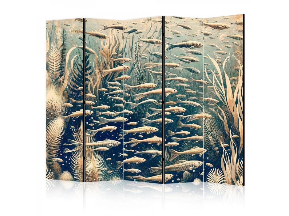 Paravent - Life in The Ocean - Underwater World of Fish And Vegetation in Beige And Navy Colors in Retro Style