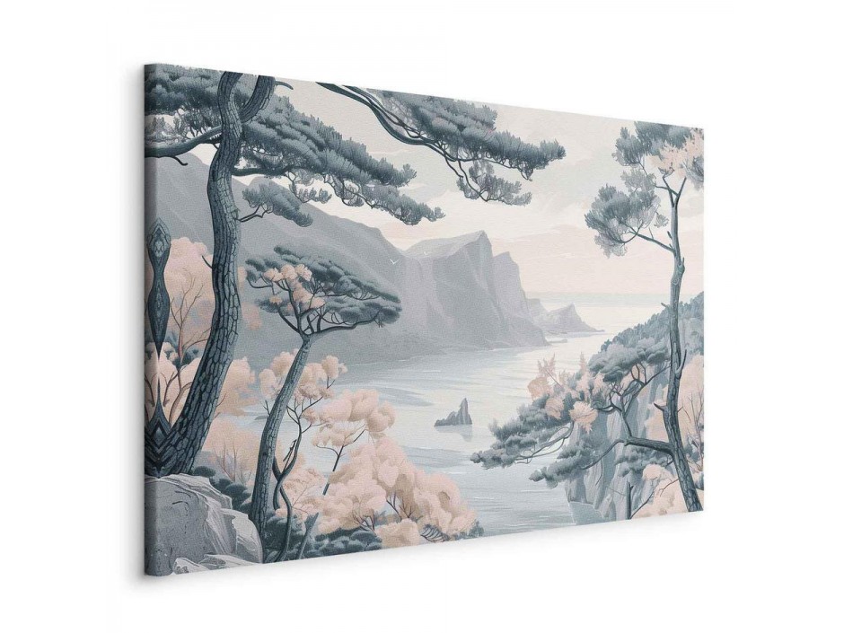 Tableau - Mountainous Coast with Trees and Rocks in Light Pastel Blues