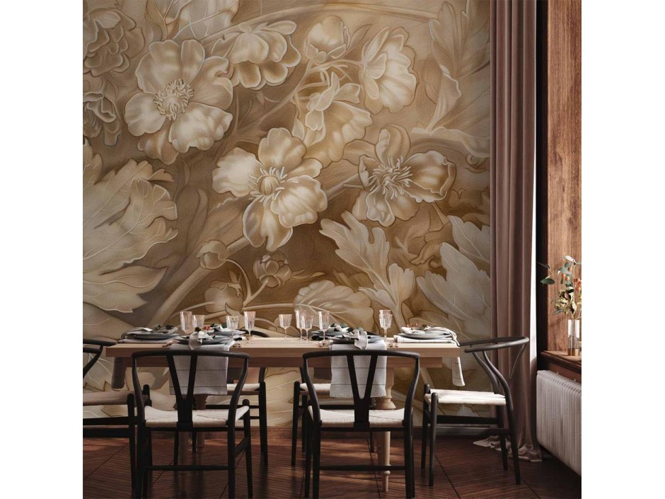 Papier peint - Floral Ornaments Carved in Delicate Sepia and Brown Shades