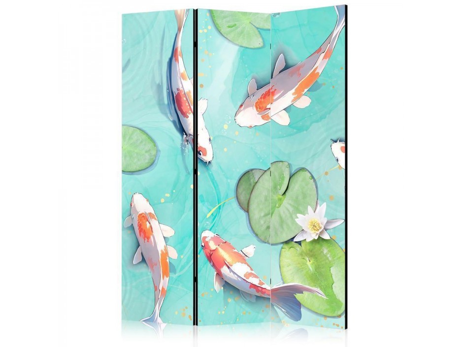 Paravent - Spectacular Fish - White-Orange Koi Fish Swimming in Crystal Clear Water with Water Lilies