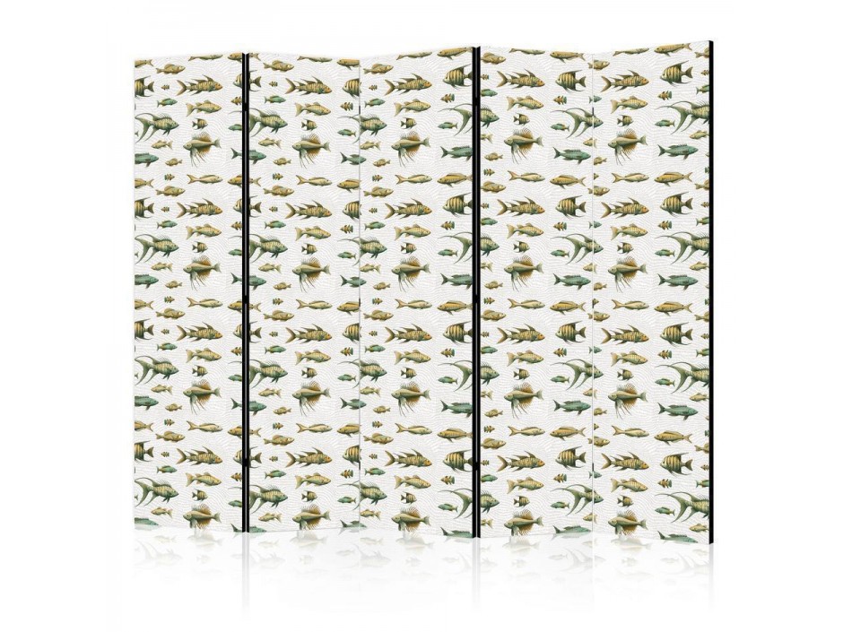 Paravent - Unusual Species of Fish - a Cluster of Fish in Muted Colors in Retro Style Against a Background of Beige Stre