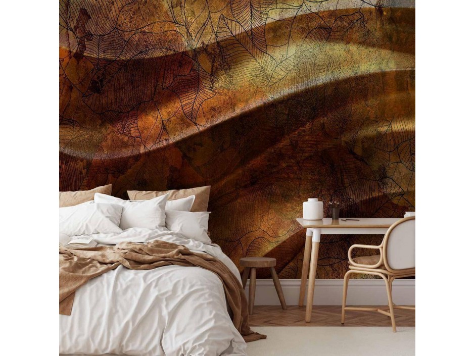 Papier peint - Liquid gold - abstract wavy composition with leaf patterns