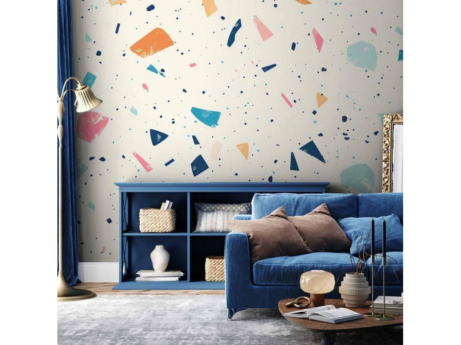 Papier peint - Terrazzo with Multicolored Large Elements Cheerful Pattern on a Light Background