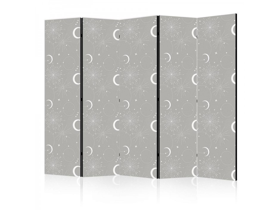 Paravent - Cosmic Fireworks - Elegant Pattern with Moons and Stars on a Gray Background