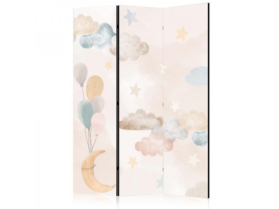 Paravent - Fairy-Tale Moon - Moon with Balloons Among Clouds and Stars in Subdued Colors on a Light Beige Background