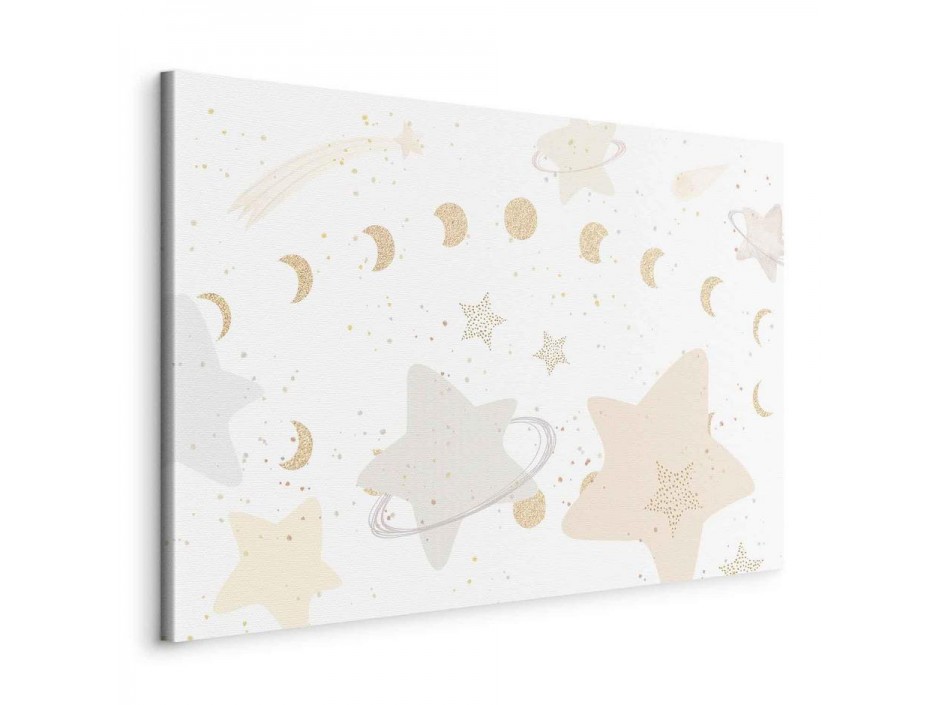 Tableau - Fairy-Tale Galaxy - Phases of the Moon in Yellow Tones Among Stars in Beige and Ash Colors with Stardust