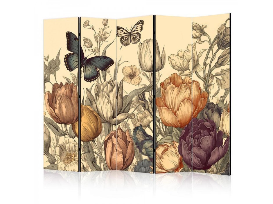 Paravent - Tulips in Cream - Illustration of Flowers and Butterflies on a Light Background