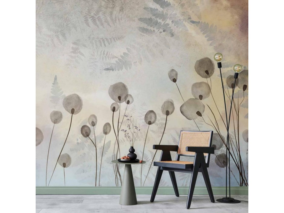 Papier peint - Minimalist meadow - floral motif in light shades with reflections