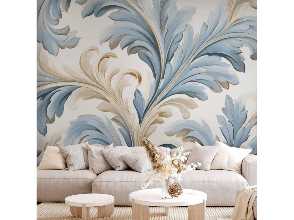 Papier peint - Baroque Ornaments in Light Cream-Blue Hues