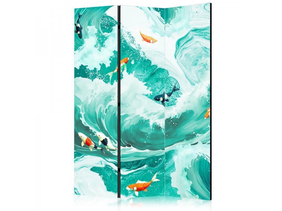 Paravent - Koi Fish Among Waves - Japanese Fish Among Waves in Shades of Turquoise And White