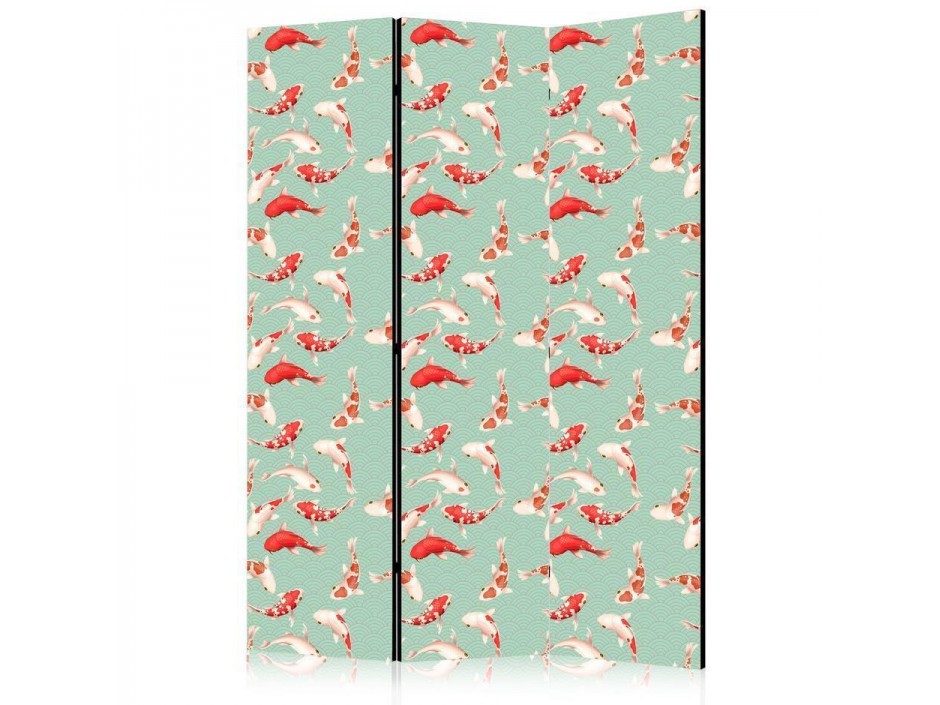 Paravent - Fish and Japanese Pattern - Koi Fish in Orange-Cream Colors on a Green-Mint Background with an Oriental Patte