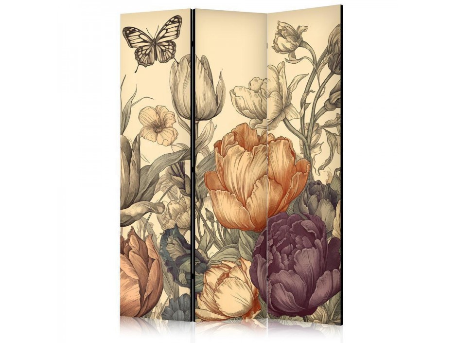 Paravent - Tulips in Cream - Illustration of Flowers and Butterflies on a Light Background