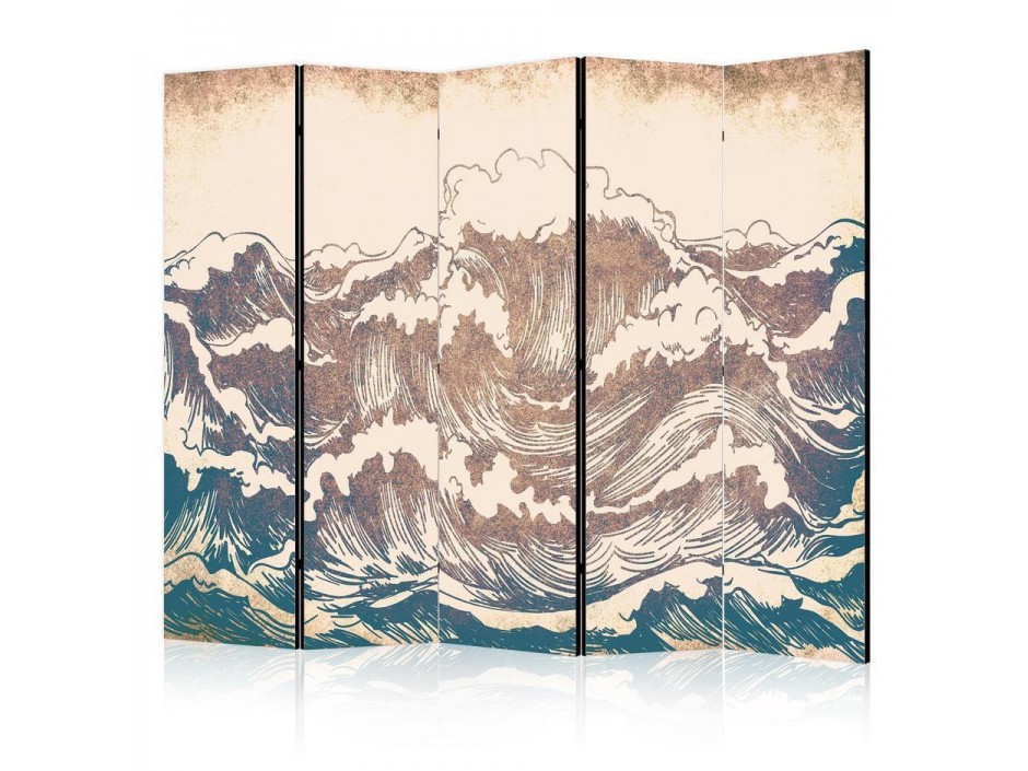 Paravent - Turbulent Ocean - High Waves in Brown And Navy Colors on a Beige Background in Vintage Style