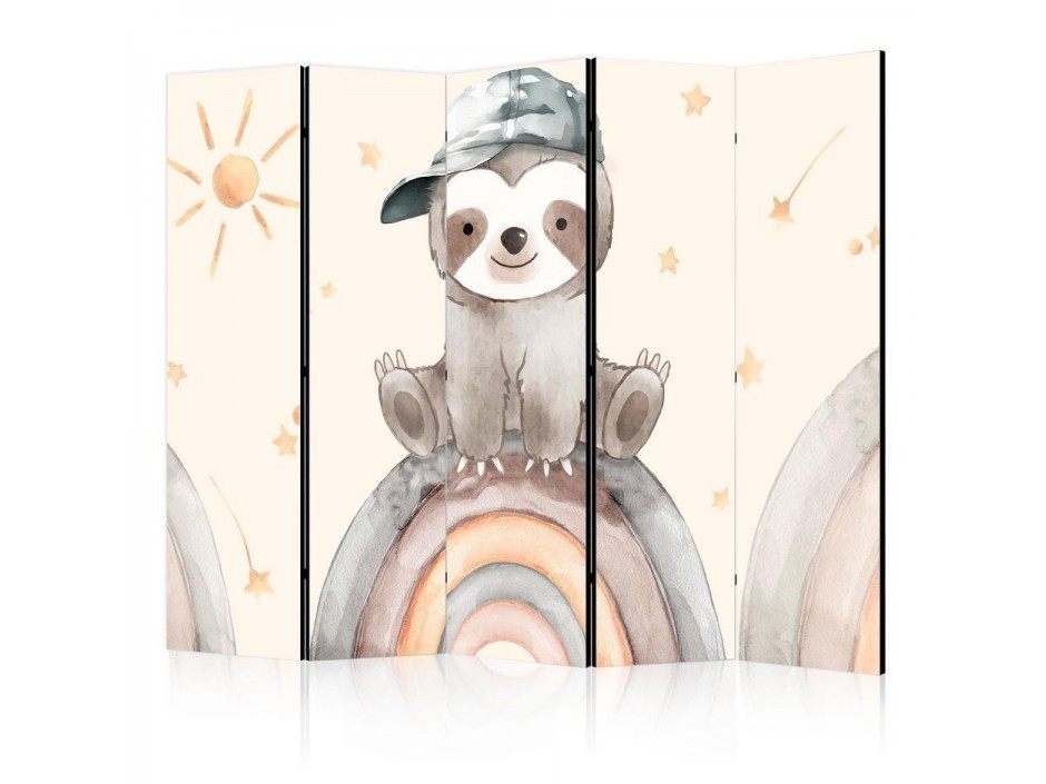 Paravent - Happy Sloth - Sloth in Muted Colors - Wearing a Cap - Sitting on a Rainbow Among the Stars