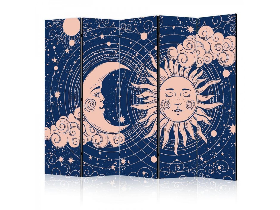 Paravent - Cosmic Harmony - Illustration of the Sun and Moon on a Navy Background