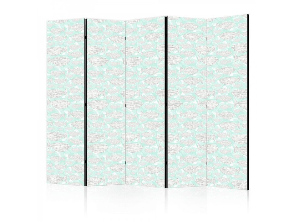 Paravent - Minimalist Fish - Fishes With Grey Dots Against a Crystal Sheet of Water in Mint Green Colors