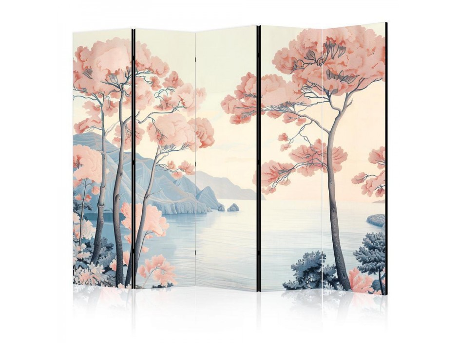 Paravent - Landscape with the Ocean - Cliffs - and Trees in Delicate Pink Shades