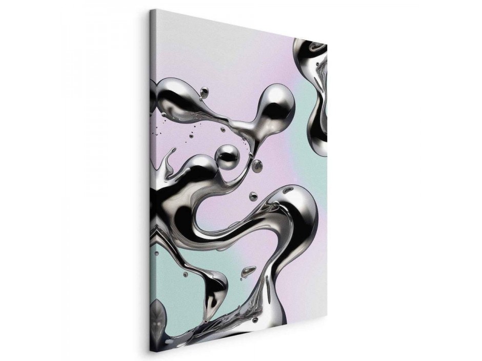 Tableau - Metallic Fluidity - Abstract Silver Forms on a Mint-Purple Background