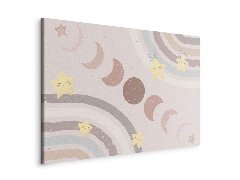 Tableau - Joyful Sky - Yellow Cheerful Stars with a Rainbow Against the Phases of the Moon in a Light Beige Sky Hue