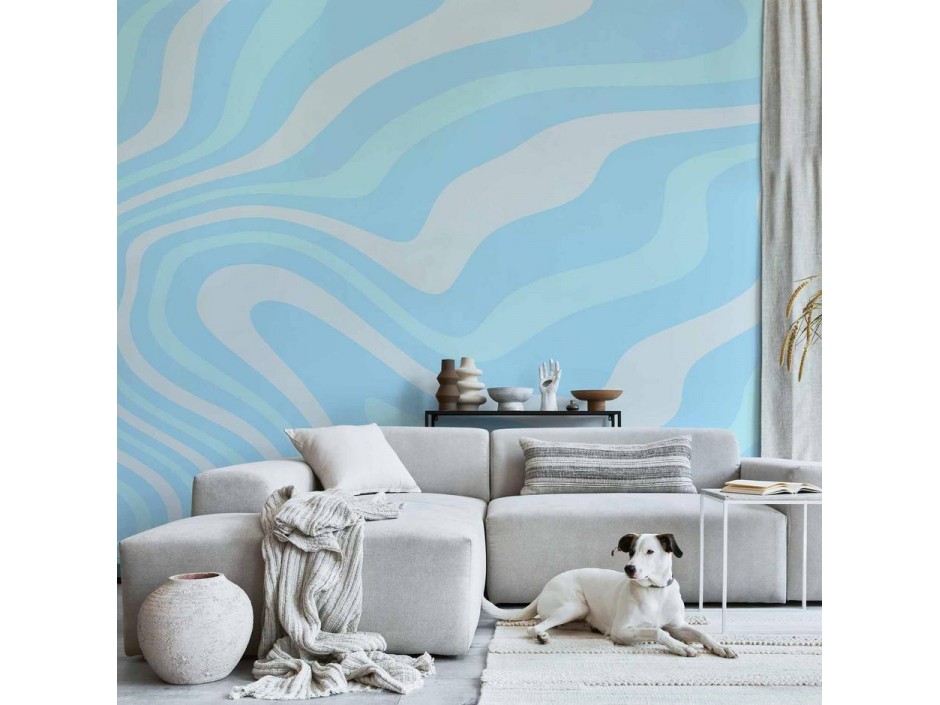 Papier peint - Composition in Blues and Whites - Harmonious Abstract Waves in a Cool Color Tone