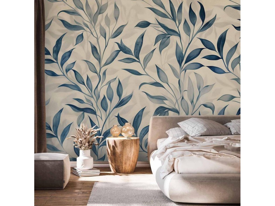 Papier peint - Leaves in Blue Colors Delicate Botanical Motif