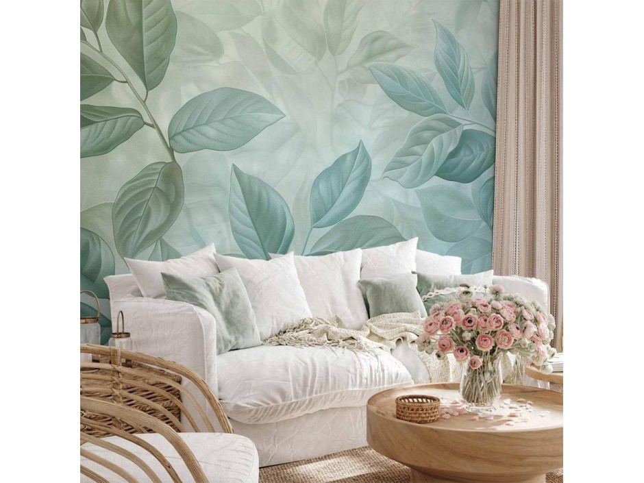 Papier peint - Large Leaves in Shades of Green-Mint: Botanical Motif