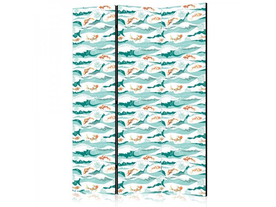 Paravent - Fish Leaping Above the Waves - Oriental Fish and Water Lilies Among High Waves in Sea Green Colors