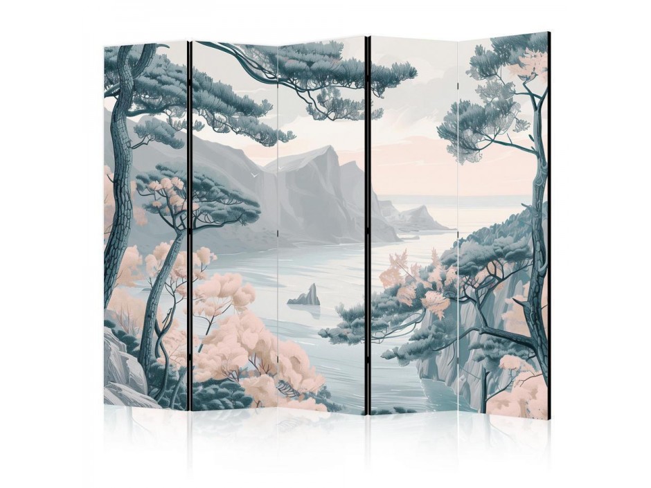 Paravent - Mountainous Coast with Trees and Rocks - in Light Pastel Blues