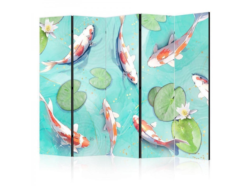 Paravent - Spectacular Koi Fish - White-Orange Koi Fish Swimming in Crystal Clear Water With Water Lilies