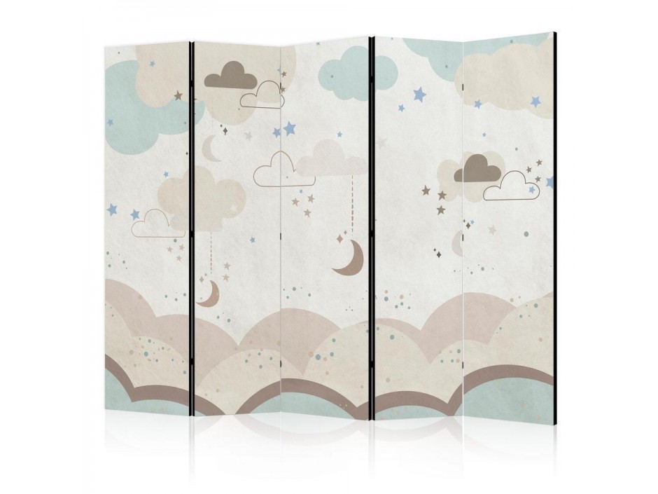 Paravent - Cloudy Night Sky - Moons in Browns and Beiges Amid Numerous Clouds and Stars on a Light Background