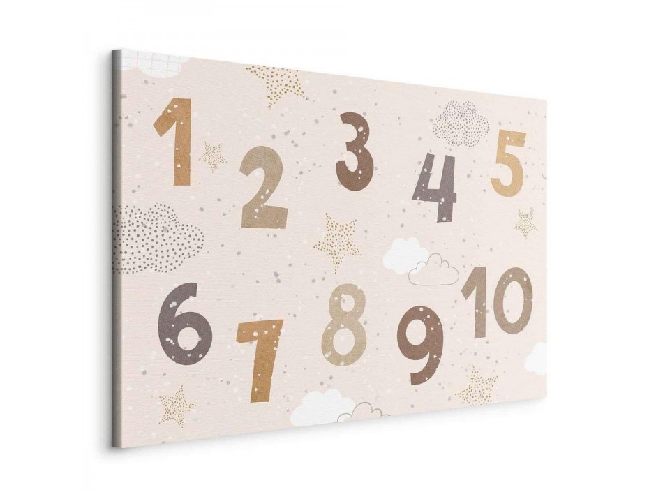 Tableau - Jumping Numbers - Numbers in a Subdued Beige-Brown Hue Among Snowflakes Stars and Clouds