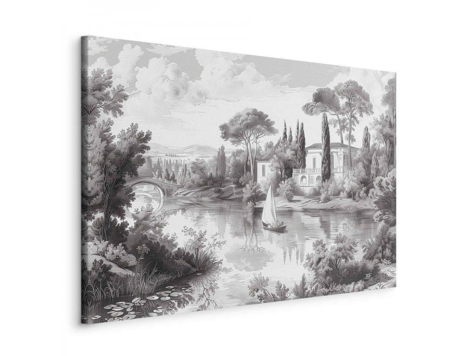 Tableau - Black and White Vintage Landscape Retro View of a Pond with a Boat