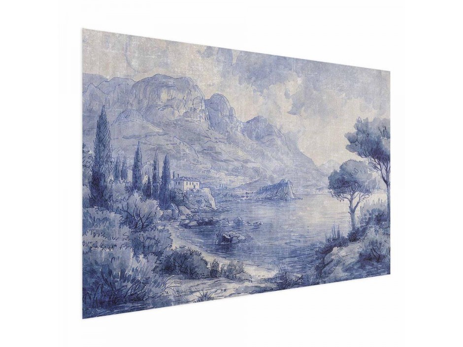 Poster - Blue Bay - Italian Landscape of Lake Como Painted in Blue Ink