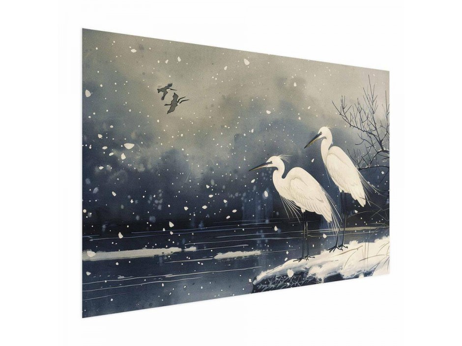 Poster - Herons over a Winter Pond - illustration in the Japanese style in dark colors