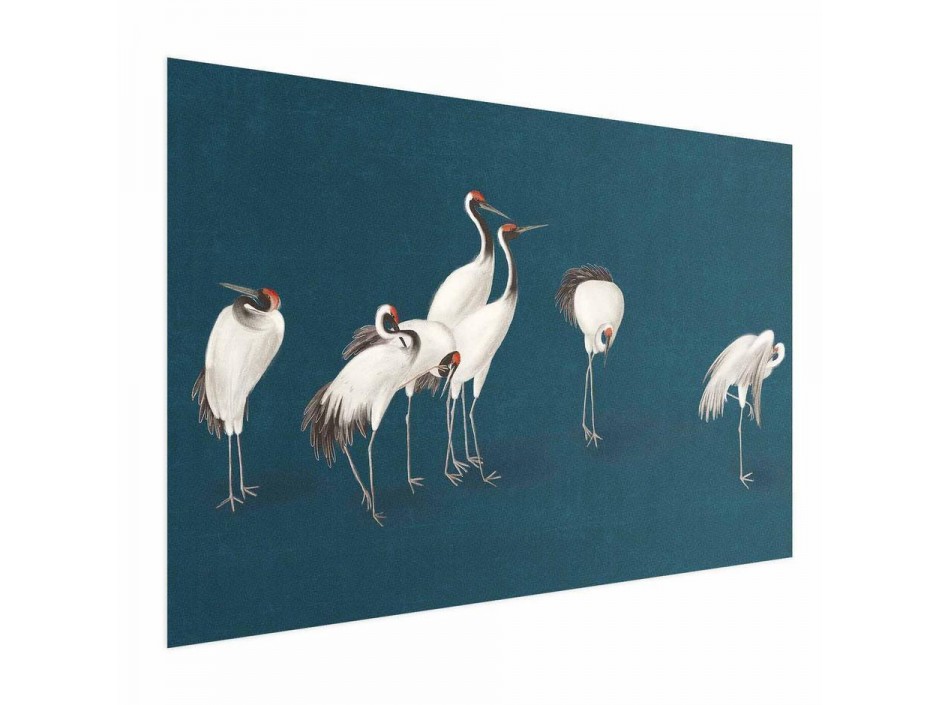 Poster - Evening at the Pond - group of cranes drawn in dry pastel on a dark turquoise background