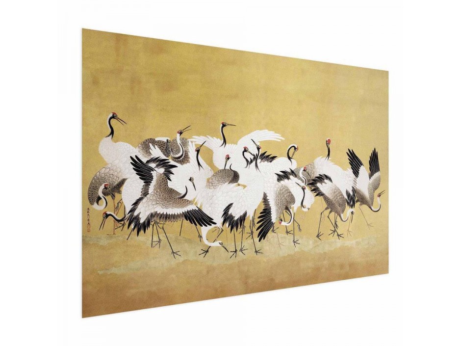 Poster - Japanese Cranes - a flock of birds against a golden background based on the painting of Ishida Yūtei