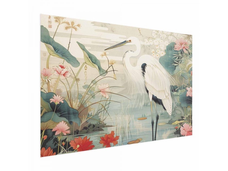 Poster - Over the Asian Pond - illustration in the Japanese print style featuring a heron