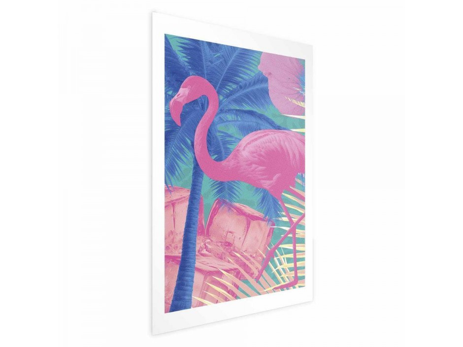 Poster - Pink Flamingo - abstract flamingo against a background of palm trees and ice cubes